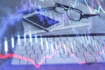 Double exposure of forex chart drawing and cell phone background. Concept of financial trading