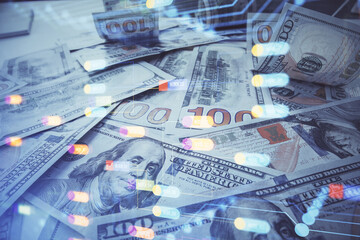 Double exposure of data theme drawing over us dollars bill background. Technology concept.