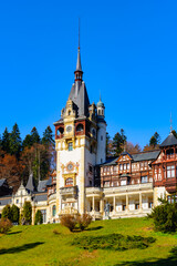 Fototapeta premium It's Panorama of the Peles Castle, a Neo-Renaissance castle in the Carpathian Mountains of Romania