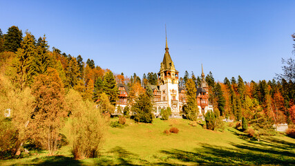 Landscape of the Peles Castle, a Neo-Renaissance castle in the Carpathian Mountains of Romania
