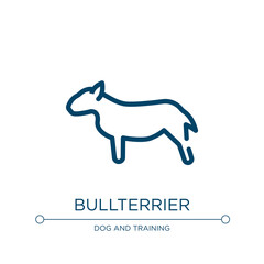 Bullterrier icon. Linear vector illustration from dog breeds fullbody collection. Outline bullterrier icon vector. Thin line symbol for use on web and mobile apps, logo, print media.