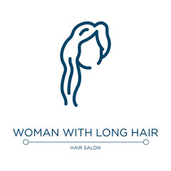 Woman with long hair icon. Linear vector illustration from hair salon collection. Outline woman with long hair icon vector. Thin line symbol for use on web and mobile apps, logo, print media.