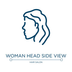 Woman head side view icon. Linear vector illustration from hair salon collection. Outline woman head side view icon vector. Thin line symbol for use on web and mobile apps, logo, print media.