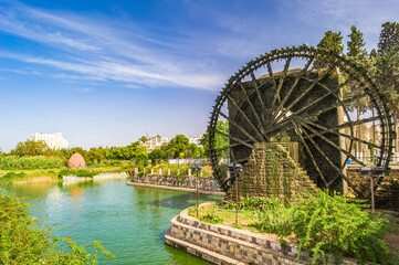 It's Noria of Hama, water wheel along the Orontes River in the c - obrazy, fototapety, plakaty
