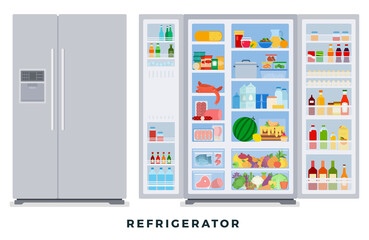 Refrigerator closed and opened with food. Vector flat illustrations. Groups products in fridge.