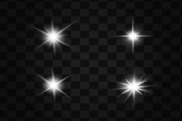 Glow isolated white transparent light effect set, lens flare, explosion, glitter, line, sun flash, spark and stars. Abstract special effect element design.