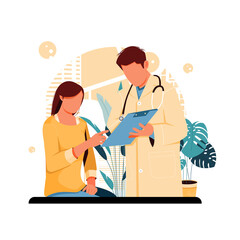a portrait of a doctor showing the results of a patient test, flat design concept. vector illustration