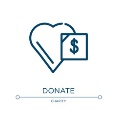 Donate icon. Linear vector illustration from charity collection. Outline donate icon vector. Thin line symbol for use on web and mobile apps, logo, print media.