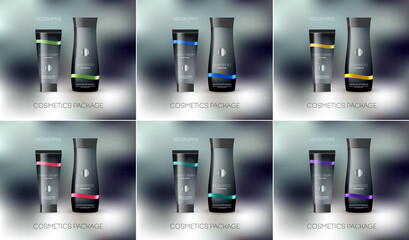 Vector cosmetics package design template, mockup. Shampoo bottle, conditioner, cream, tube, personal care products design