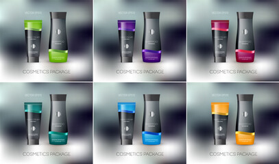 Vector cosmetics package design template, mockup. Shampoo bottle, conditioner, cream, tube, personal care products design