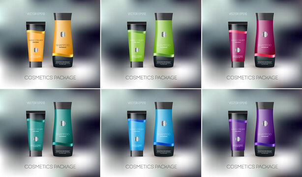 Vector cosmetics package design template, mockup. Shampoo bottle, conditioner, cream, tube, personal care products design
