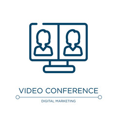 Fototapeta premium Video conference icon. Linear vector illustration from discussion collection. Outline video conference icon vector. Thin line symbol for use on web and mobile apps, logo, print media.