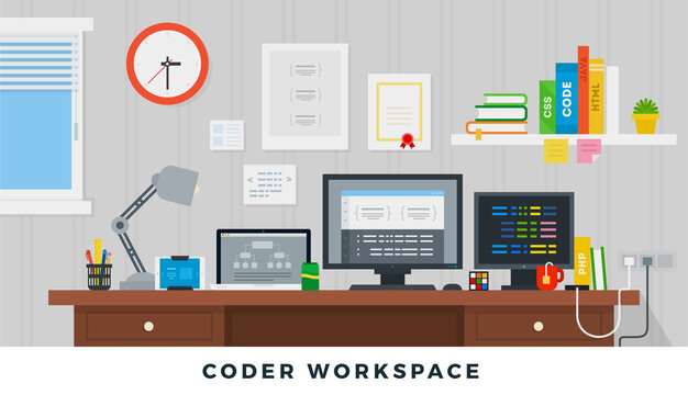 Illustration interior programmer workplace vector icon flat isolated