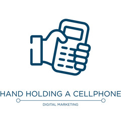 Fototapeta premium Hand holding a cellphone icon. Linear vector illustration from phoneset collection. Outline hand holding a cellphone icon vector. Thin line symbol for use on web and mobile apps, logo, print media.