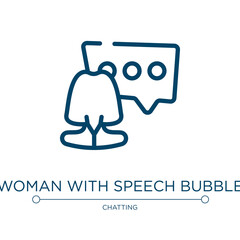 Woman with speech bubble icon. Linear vector illustration from talking collection. Outline woman with speech bubble icon vector. Thin line symbol for use on web and mobile apps, logo, print media.