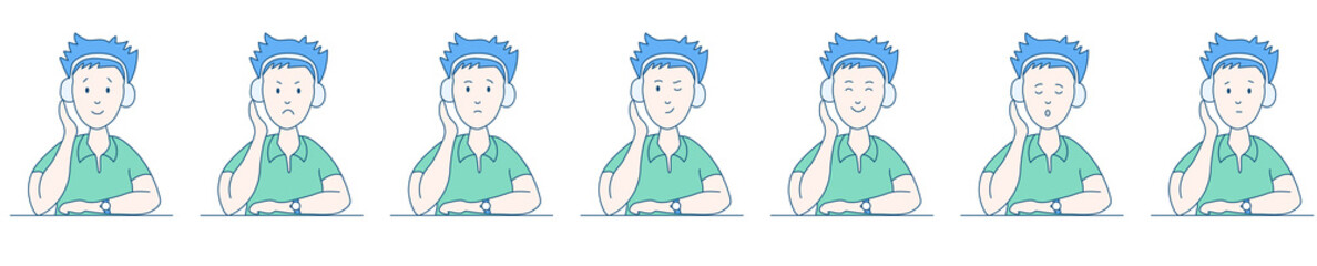 Different emotions. The man in the headphones listens to music. Facial expressions. Joy, sadness, anger, conversation, funny, fear, smile. Vector flat design illustration of a young guy. Cartoon.
