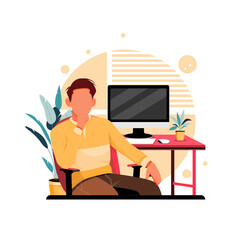 a portrait of a man working from home, flat design concept. vector illustration