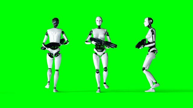 Futuristic humanoid female robot is walking with gun . Realistic motion and reflections. 4K green screen footage.