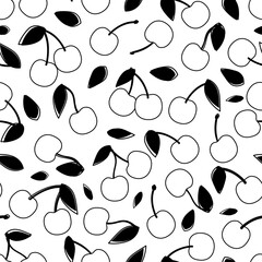 Black cherry cartoon outline illustration with black leaves, over white background, seamless pattern