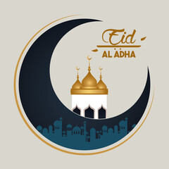 eid al adha celebration card with moon and mosque cupule