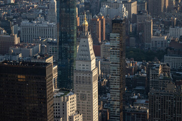 Views over the top of a New York building. Panoramic views of a big city like New York at sunset.