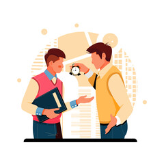 a portrait of an angry boss to a late employee, flat design concept. vector illustration