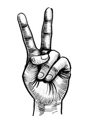 Hand showing Victory sign. Ink black and white drawing