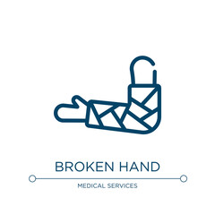 Broken hand icon. Linear vector illustration from physiotherapy collection. Outline broken hand icon vector. Thin line symbol for use on web and mobile apps, logo, print media.