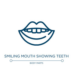 Smiling mouth showing teeth icon. Linear vector illustration from body parts collection. Outline smiling mouth showing teeth icon vector. Thin line symbol for use on web and mobile apps, logo, print