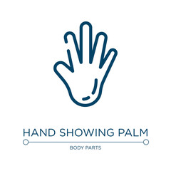 Hand showing palm icon. Linear vector illustration from body parts collection. Outline hand showing palm icon vector. Thin line symbol for use on web and mobile apps, logo, print media.