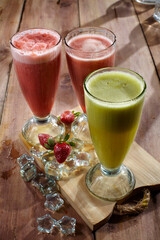 Juice. Various cold drinks made from fresh fruits. Melon juice, guava juice, tomato juice, strawberry juice.