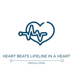 Heart beats lifeline in a heart icon. Linear vector illustration from medical icons collection. Outline heart beats lifeline in a heart icon vector. Thin line symbol for use on web and mobile apps,