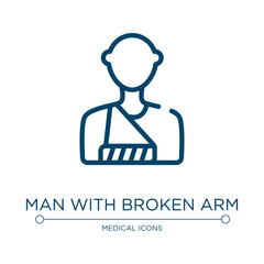 Man with broken arm icon. Linear vector illustration from health set collection. Outline man with broken arm icon vector. Thin line symbol for use on web and mobile apps, logo, print media.