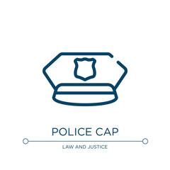 Police cap icon. Linear vector illustration from law and justice collection. Outline police cap icon vector. Thin line symbol for use on web and mobile apps, logo, print media.