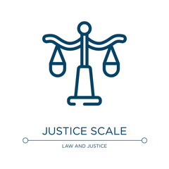 Justice scale icon. Linear vector illustration from law and justice collection. Outline justice scale icon vector. Thin line symbol for use on web and mobile apps, logo, print media.