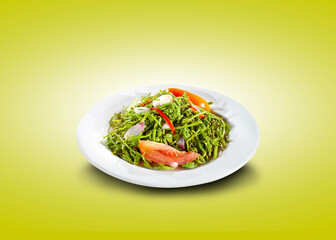 Sauteed green vegetables. Mustard cooked sauteed with herbs, sliced shallots, sliced red chili, sliced tomatoes. Vegan.