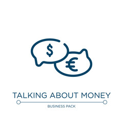 Talking about money icon. Linear vector illustration from business and finance collection. Outline talking about money icon vector. Thin line symbol for use on web and mobile apps, logo, print media.