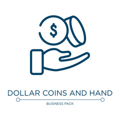 Dollar coins and hand icon. Linear vector illustration from business and finance collection. Outline dollar coins and hand icon vector. Thin line symbol for use on web and mobile apps, logo, print