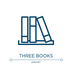 Three books icon. Linear vector illustration from poi public places collection. Outline three books icon vector. Thin line symbol for use on web and mobile apps, logo, print media.