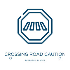 Crossing road caution icon. Linear vector illustration from indications collection. Outline crossing road caution icon vector. Thin line symbol for use on web and mobile apps, logo, print media.