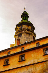 Fototapeta na wymiar Belltower of the Bernardine church, Old Town, Historic Centre of Lviv, Ukraine. UNESCO World Heritage