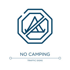 No camping icon. Linear vector illustration from signal and prohibitions collection. Outline no camping icon vector. Thin line symbol for use on web and mobile apps, logo, print media.