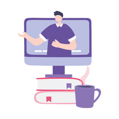 online training, teacher explaining lesson books computer, education and courses learning digital