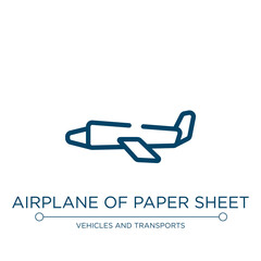 Airplane of paper sheet icon. Linear vector illustration from airplanes collection. Outline airplane of paper sheet icon vector. Thin line symbol for use on web and mobile apps, logo, print media.