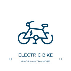 Electric bike icon. Linear vector illustration from vehicles transport collection. Outline electric bike icon vector. Thin line symbol for use on web and mobile apps, logo, print media.