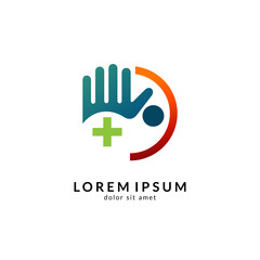 Hand with people logo, kids care icon, family vector illustration symbol