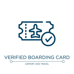 Verified boarding card icon. Linear vector illustration from in the frontier collection. Outline verified boarding card icon vector. Thin line symbol for use on web and mobile apps, logo, print media.