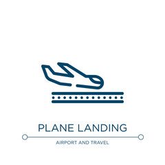 Plane landing icon. Linear vector illustration from in the airport collection. Outline plane landing icon vector. Thin line symbol for use on web and mobile apps, logo, print media.