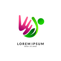 Fototapeta premium Hand with people logo, kids care icon, family vector illustration symbol