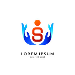 Hand with people logo, kids care icon, family vector illustration symbol